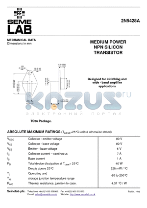 2N5428A datasheet - MEDIUM POWER NPN SILICON