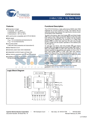 CY7C1011CV33-12AXI datasheet - 2-Mbit (128K x 16) Static RAM