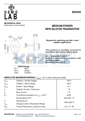 2N5430 datasheet - MEDIUM POWER NPN SILICON TRANSISTOR