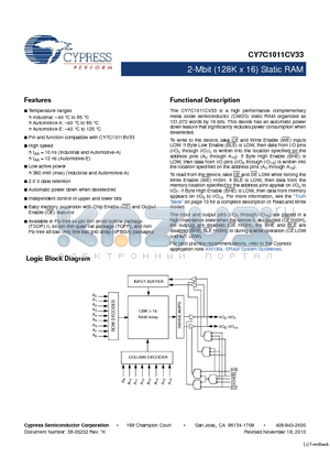 CY7C1011CV33-12BVXE datasheet - 2-Mbit (128K x 16) Static RAM