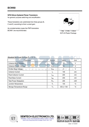 BCW60 datasheet - NPN Silicon Epitaxial Planar Transistors