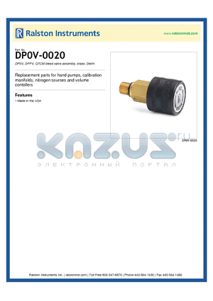 DP0V-0020 datasheet - DP0V, DPPV, QTCM bleed valve assembly, brass, Delrin