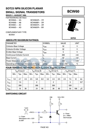 BCW60AR-CR datasheet - SOT23 NPN SILICON PLANAR SMALL SIGNAL TRANSISTORS