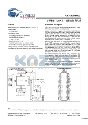 CY7C1011DV33-10ZSXI datasheet - 2-Mbit (128K x 16)Static RAM