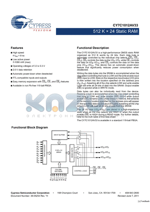 CY7C1012AV33 datasheet - 512 K  24 Static RAM TTL-compatible inputs and outputs
