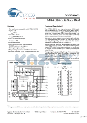 CY7C1018DV33_10 datasheet - 1-Mbit (128K x 8) Static RAM