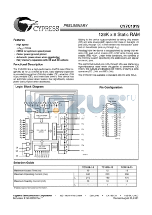 CY7C1019-10VC datasheet - 128K x 8 Static RAM