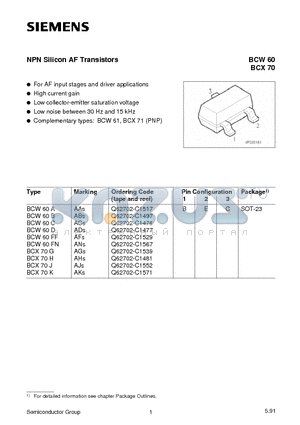 BCW60FF datasheet - NPN Silicon AF Transistors (For AF input stages and driver applications High current gain)