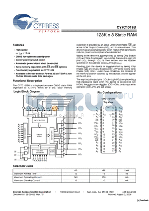 CY7C1019B-12ZC datasheet - 128K x 8 Static RAM