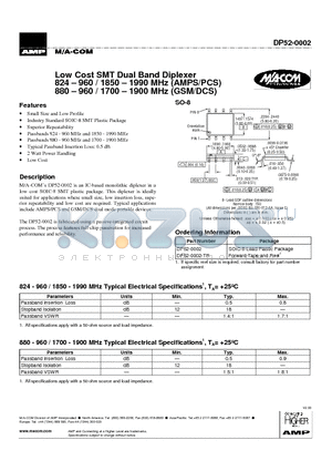 DP52-0002 datasheet - Low Cost SMT Dual Band Diplexer