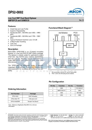 DP52-0002SAM datasheet - Low Cost SMT Dual Band Diplexer AMPS/PCS and GSM/DCS