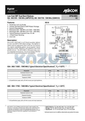 DP52-002 datasheet - Low Cost SMT Dual Band Diplexer, 824-960/1850-1990 MHz(AMPS/PCS), 880-960/1700-1900 MHz(GSM/DCS)
