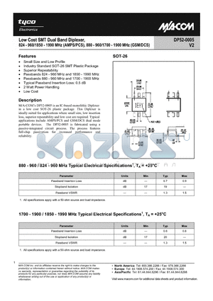 DP52-0005-TR datasheet - Low Cost SMT Dual Band Diplexer, 824-960/1850-1990 MHz(AMPS/PCS), 880-960/1700-1900 MHz(GSM/DCS)