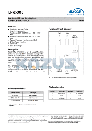 DP52-0005-TR datasheet - Low Cost SMT Dual Band Diplexer AMPS/PCS and GSM/DCS