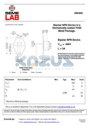 2N5469 datasheet - Bipolar NPN Device in a Hermetically sealed TO66 Metal Package