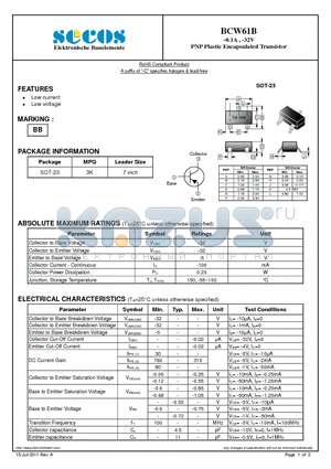 BCW61B datasheet - -0.1A , -32V PNP Plastic Encapsulated Transistor