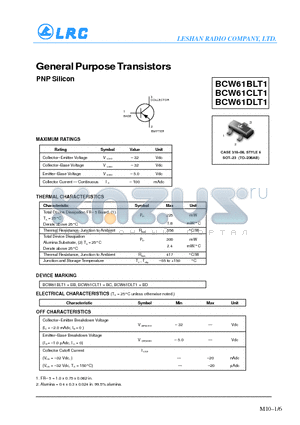 BCW61BLT1 datasheet - General Purpose Transistors(PNP Silicon)