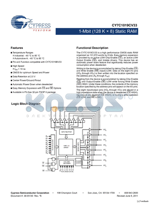 CY7C1019CV33-10ZXA datasheet - 1-Mbit (128 K  8) Static RAM Center Power/Ground Pinout