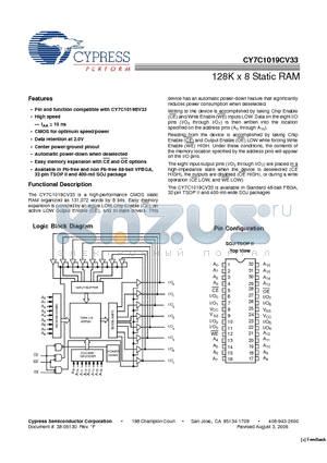 CY7C1019CV33-10ZXI datasheet - 128K x 8 Static RAM