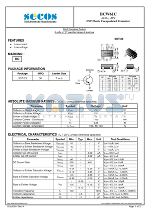BCW61C datasheet - -0.1A , -32V PNP Plastic Encapsulated Transistor
