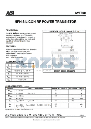 AVF600 datasheet - NPN SILICON RF POWER TRANSISTOR