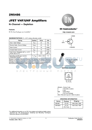 2N5486 datasheet - JFET VHF/UHF Amplifiers N−Channel - Depletion