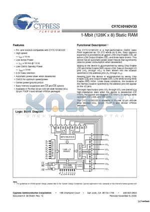 CY7C1019DV33-10VXI datasheet - 1-Mbit (128K x 8) Static RAM