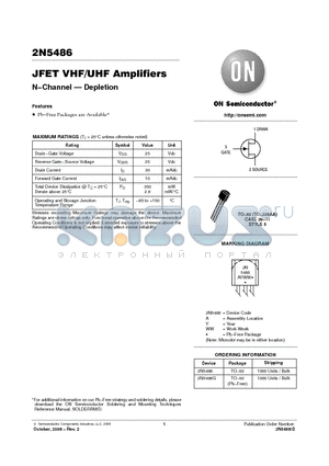 2N5486G datasheet - JFET VHF/UHF Amplifiers N−Channel - Depletion