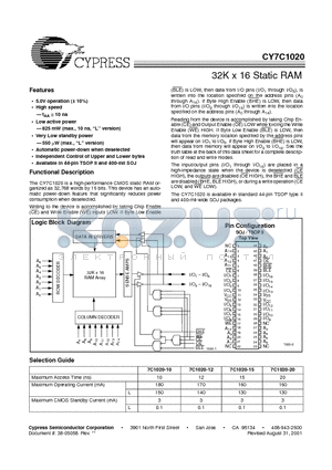 CY7C1020-10VC datasheet - 32K x 16 Static RAM