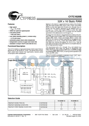 CY7C1020B-12ZC datasheet - 32K x 16 Static RAM