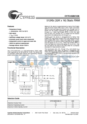 CY7C1020CV26-15ZSXE datasheet - 512Kb (32K x 16) Static RAM