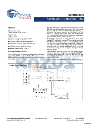 CY7C1020CV26-15ZSXE datasheet - 512 Kb (32 K  16) Static RAM