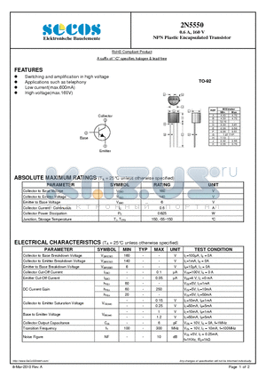 2N5550 datasheet - NPN Plastic Encapsulated Transistor