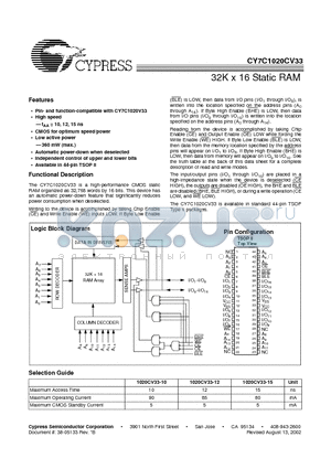 CY7C1020CV33-10ZI datasheet - 32K x 16 Static RAM