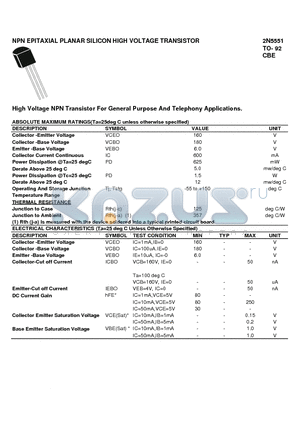 2N5551 datasheet - NPN EPITAXIAL PLANAR SILICON HIGH VOLTAGE TRANSISTOR
