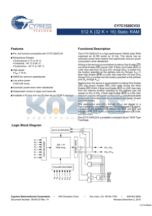 CY7C1020CV33_10 datasheet - 512 K (32 K  16) Static RAM