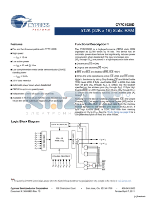 CY7C1020D-10VXI datasheet - 512K (32K x 16) Static RAM Automatic power-down when deselected