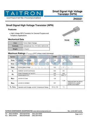 2N5551 datasheet - Small Signal High Voltage Transistor (NPN)