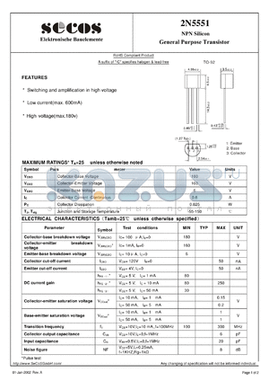 2N5551 datasheet - NPN Silicon General Purpose Transistor