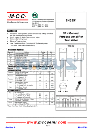 2N5551 datasheet - NPN General Purpose Amplifier Transistor