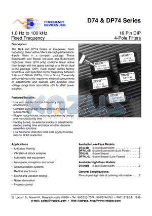 DP74H4B-250KHZ datasheet - 16 Pin DIP 4-Pole Filters