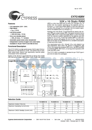 CY7C1020V datasheet - 32K x 16 Static RAM