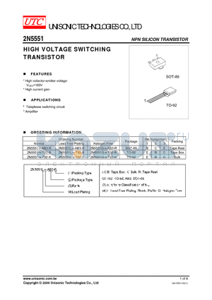 2N5551L-X-T92-B datasheet - HIGH VOLTAGE SWITCHING TRANSISTOR