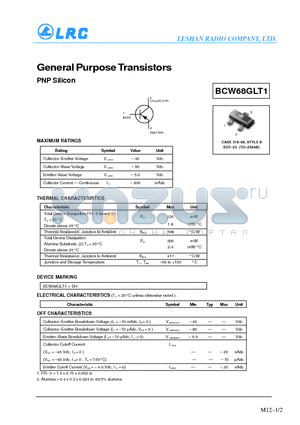 BCW68GLT1 datasheet - General Purpose Transistors(PNP Silicon)