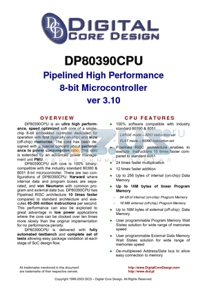 DP80390CPU datasheet - Pipelined High Performance 8-bit Microcontroller ver 3.10