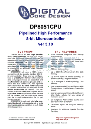 DP8051CPU datasheet - Pipelined High Performance 8-bit Microcontroller ver 3.10