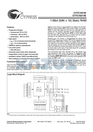 CY7C10211BL-10ZC datasheet - 1-Mbit (64K x 16) Static RAM