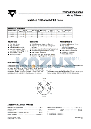 2N5565 datasheet - Matched N-Channel JFET Pairs