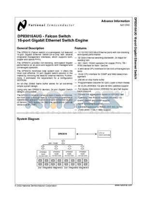DP83016AUG datasheet - Falcon Switch 16-port Gigabit Ethernet Switch Engine