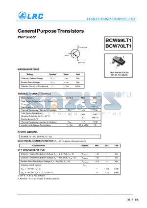 BCW69LT1 datasheet - General Purpose Transistors(PNP Silicon)